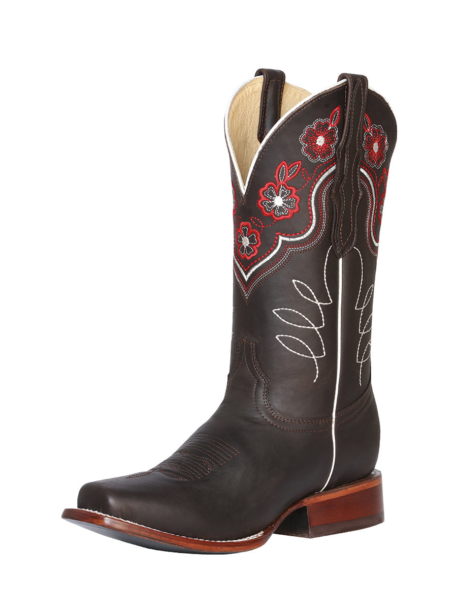 Botas Vaqueras Rodeo con Tubo Bordado de Flores de Piel Genuina para Mujer 'El General' - ID: 42981 Botas Rodeo Piel Genuina El General Choco