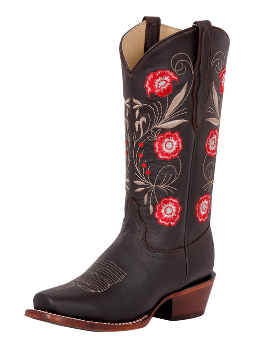 Botas Vaqueras Rodeo con Tubo Bordado de Flores de Piel Genuina para Mujer 'El General' - ID: 42982 Botas Rodeo Piel Genuina El General Choco