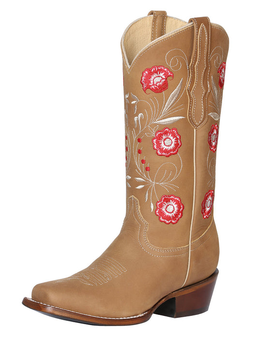 Botas Vaqueras Rodeo con Tubo Bordado de Flores de Piel Genuina para Mujer 'El General' - ID: 42983 Botas Rodeo Piel Genuina El General Orix