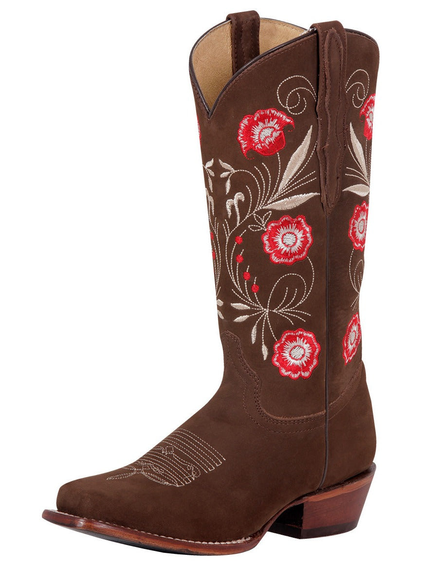 Botas Vaqueras Rodeo con Tubo Bordado de Flores de Piel Nobuck para Mujer 'El General' - ID: 42984 Botas Rodeo Piel Nobuck El General Camel