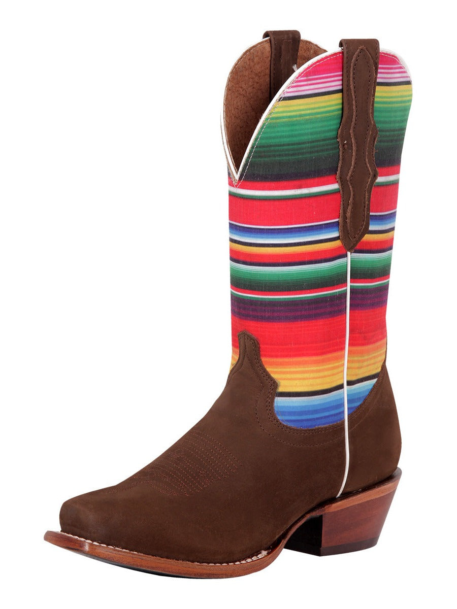 Botas Vaqueras Rodeo con Tubo de Sarape Print de Piel Nobuck para Mujer 'El General' - ID: 42985 Botas Rodeo Piel Nobuck El General Camel