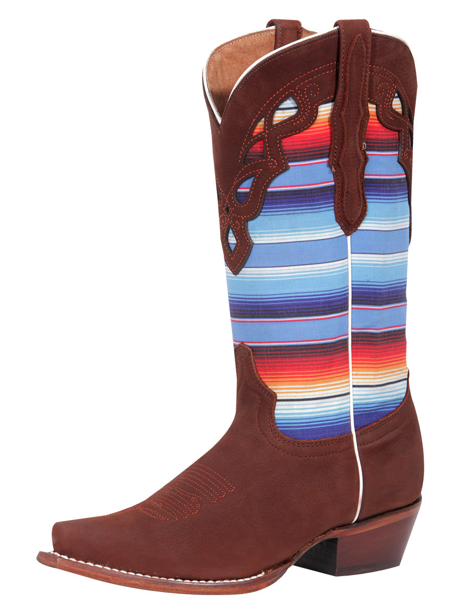 Botas Vaqueras Retro con Tubo de Sarape Print de Piel Nobuck para Mujer 'El General' - ID: 42986 Botas Rodeo Piel Nobuck El General Shedron