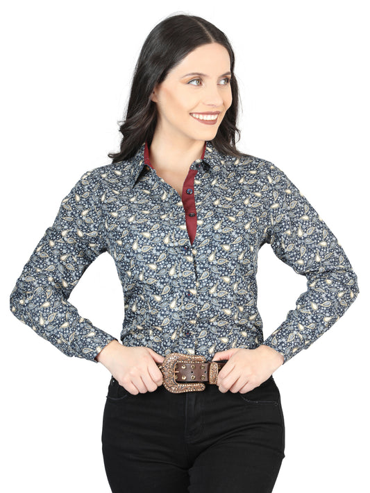 Navy Blue Printed Long Sleeve Denim Shirt for Women 'The Lord of the Skies' - ID: 43051