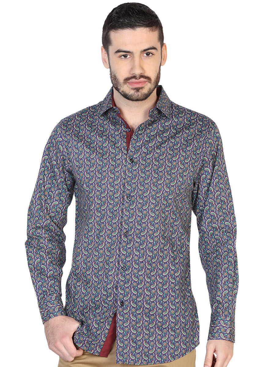 Camisa Casual Manga Larga Estampada Azul Marino para Hombre 'El Señor de los Cielos' - ID: 43069 Camisas Estampadas El Señor de los Cielos Navy Blue