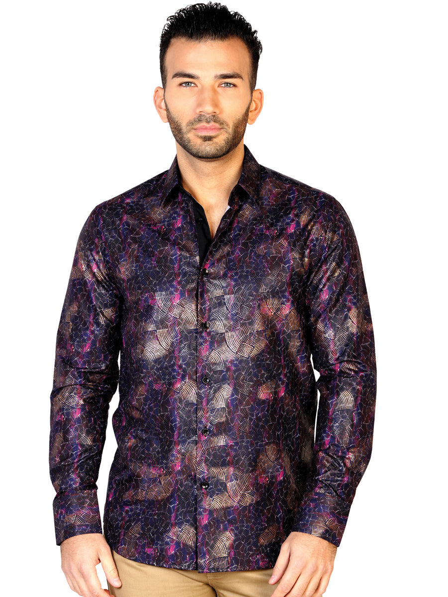 Camisa Casual Manga Larga Estampada Negro/Vino para Hombre 'El General' - ID: 43121 Camisas Estampadas El General Black/Wine