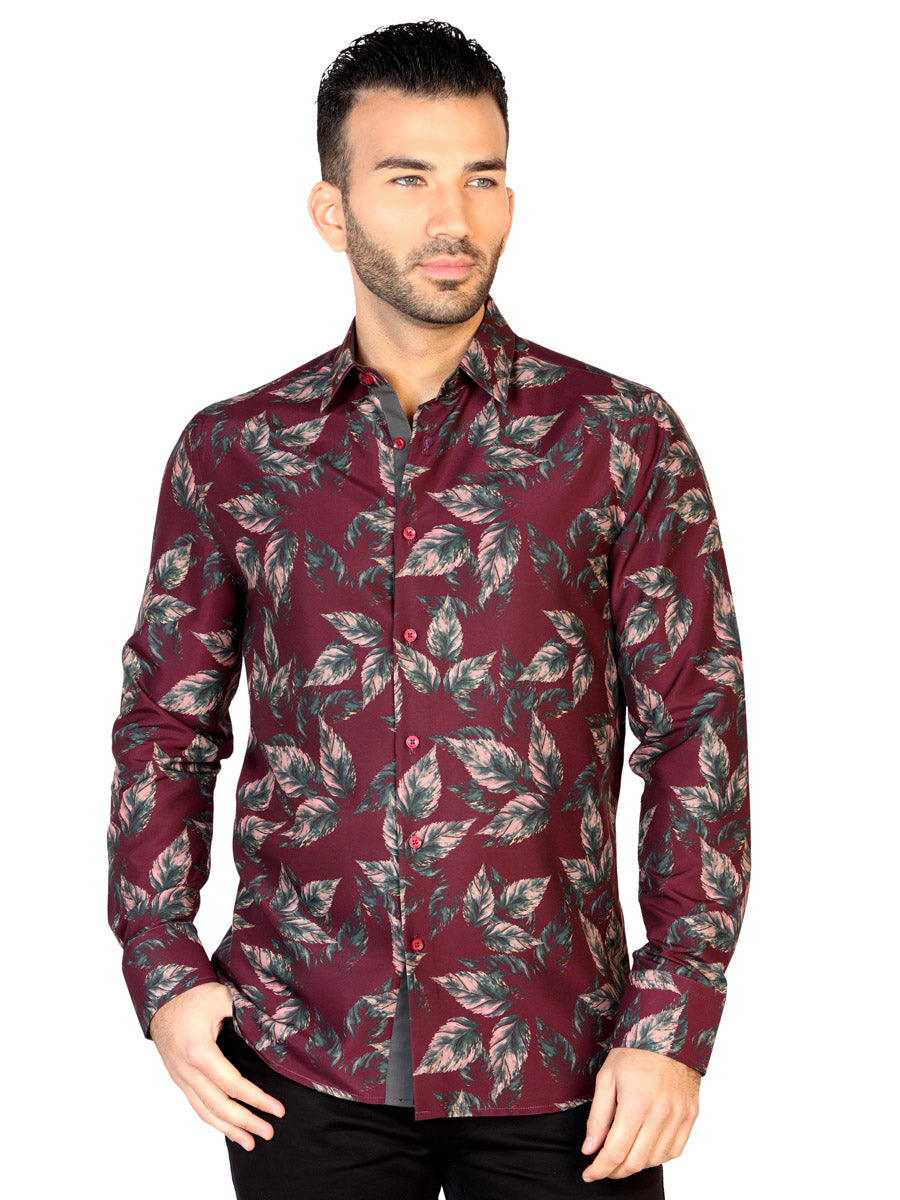 Camisa Casual Manga Larga Estampada Hojas Vino para Hombre 'El General' - ID: 43128 Camisas Estampadas El General Wine