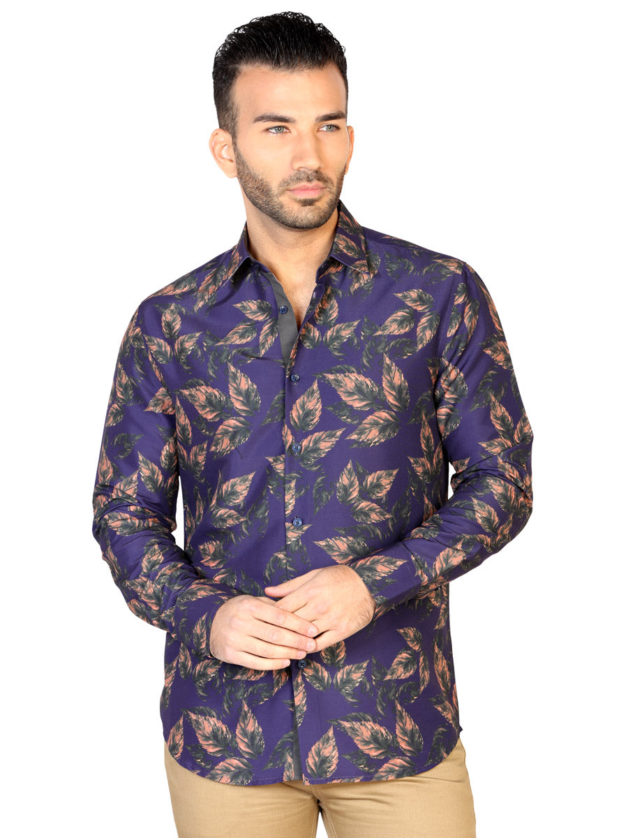 Camisa Casual Manga Larga Estampada Hojas Azul Marino para Hombre 'El General' - ID: 43129 Camisas Estampadas El General Navy Blue