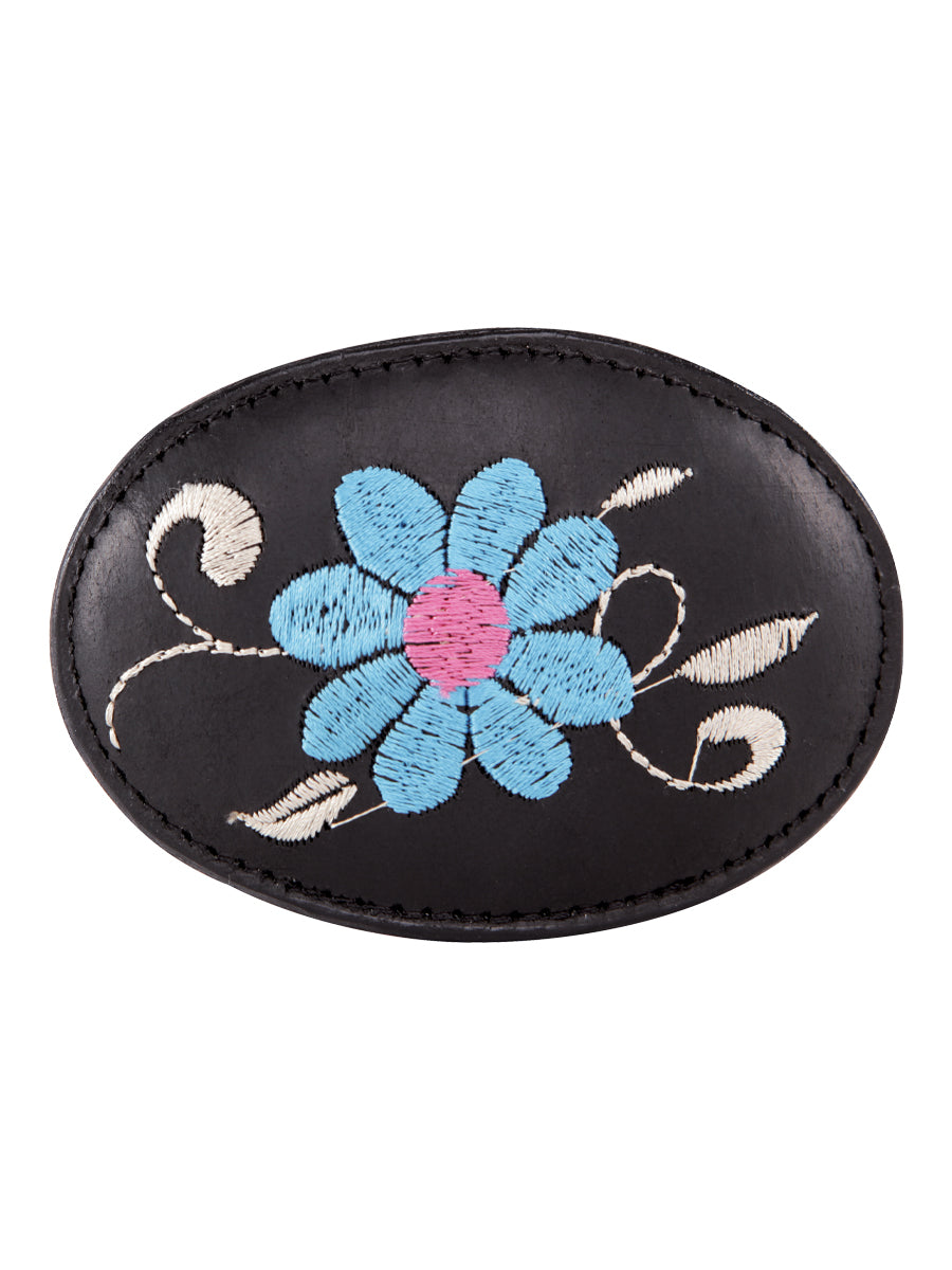Hebilla para Cinto Vaquero de Mujer, Ovalada con Bordado Floral de Piel Genuina 'El General' - ID: 43237 Belt Buckle El General Negro