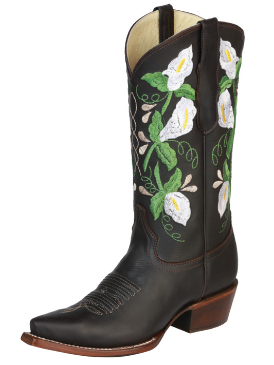 Botas Vaqueras Retro con Tubo Bordado de Flores de Piel Genuina para Mujer 'Centenario' - ID: 43287 Botas Clasicas Piel Genuina Centenario Choco