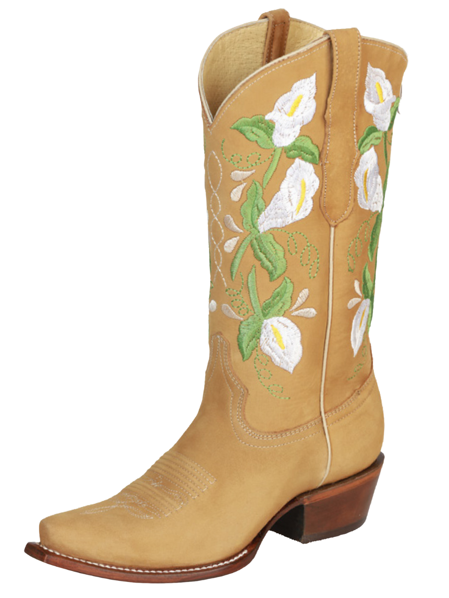 Botas Vaqueras Retro con Tubo Bordado de Flores de Piel Nobuck para Mujer 'Centenario' - ID: 43288 Botas Clasicas Piel Nobuck Centenario Miel