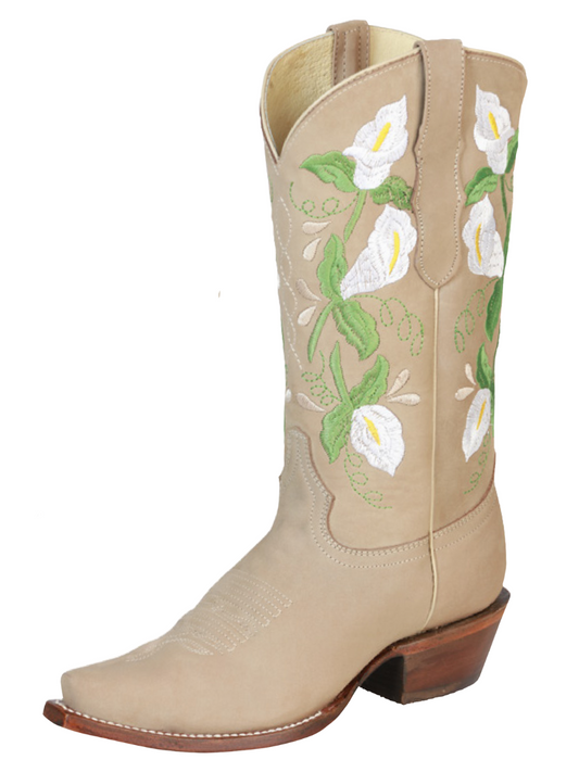 Botas Vaqueras Retro con Tubo Bordado de Flores de Piel Nobuck para Mujer 'Centenario' - ID: 43290 Botas Clasicas Piel Nobuck Centenario Arena