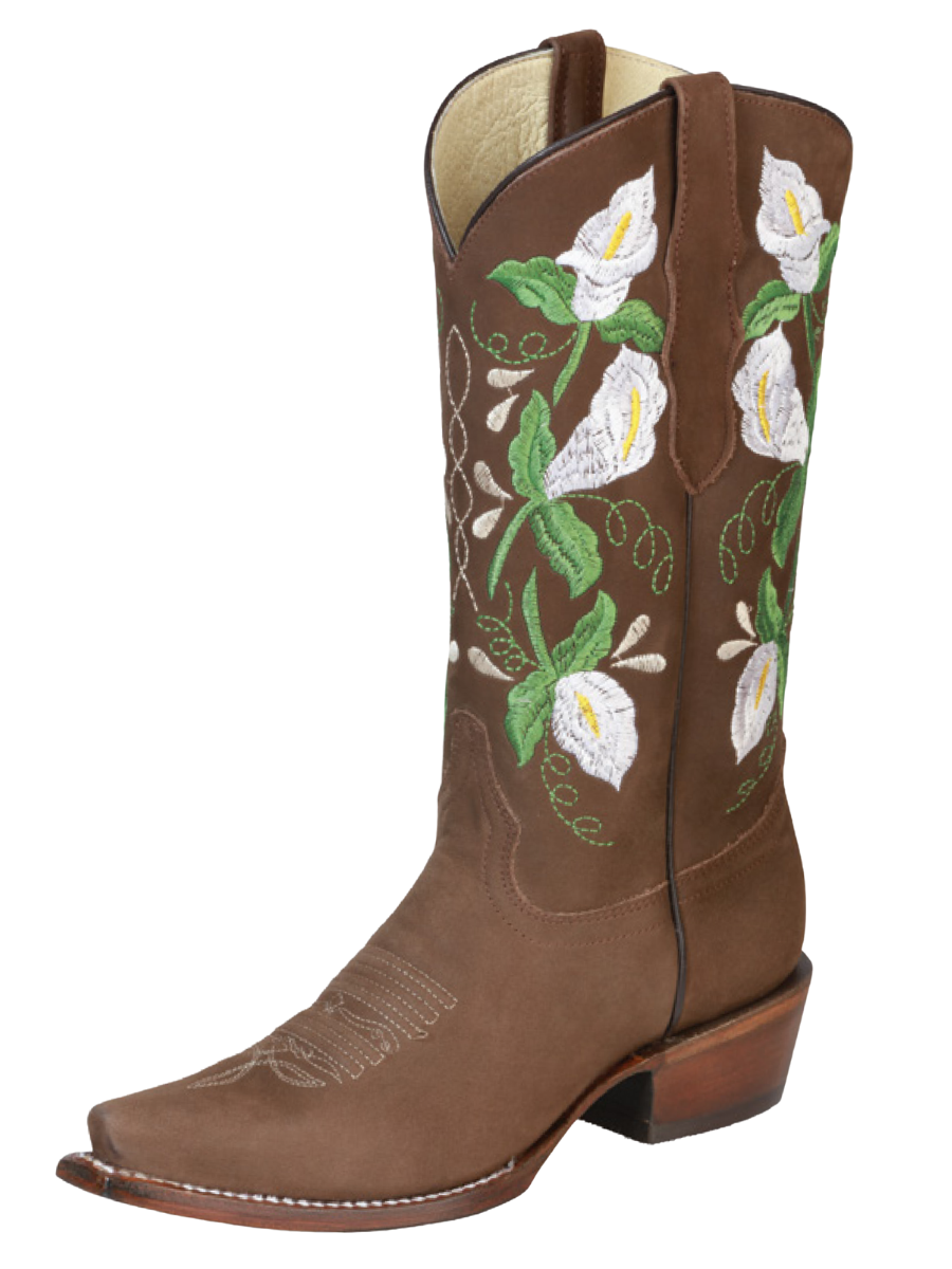 Botas Vaqueras Retro con Tubo Bordado de Flores de Piel Nobuck para Mujer 'Centenario' - ID: 43291 Botas Clasicas Piel Nobuck Centenario Camel