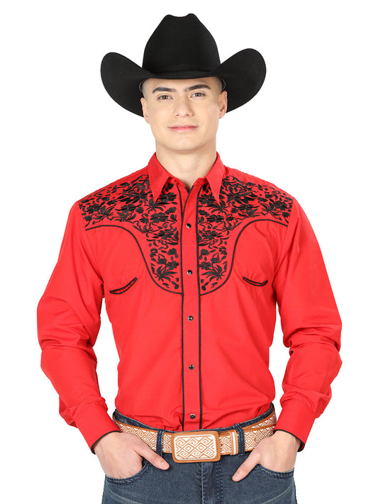 Camisa Vaquera Bordada Manga Larga Rojo para Hombre 'El Señor de los Cielos' - ID: 43298 Camisas Bordadas El Señor de los Cielos Red