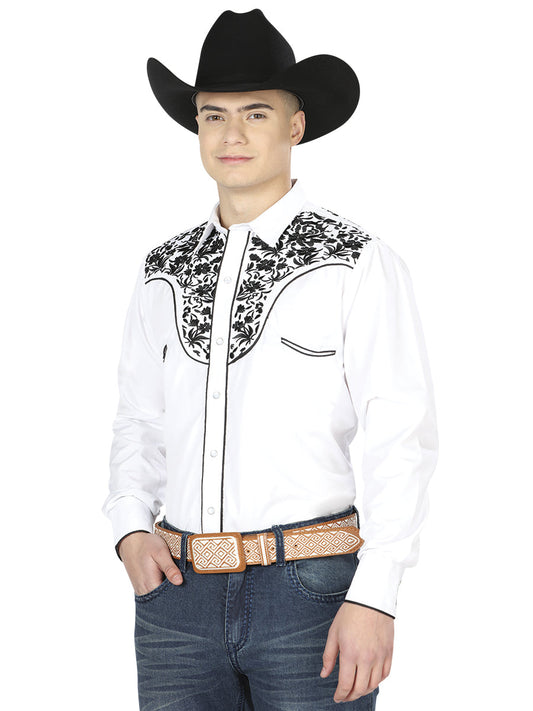 Camisa Vaquera Bordada Manga Larga Blanco para Hombre 'El Señor de los Cielos' - ID: 43300 Camisas Bordadas El Señor de los Cielos White