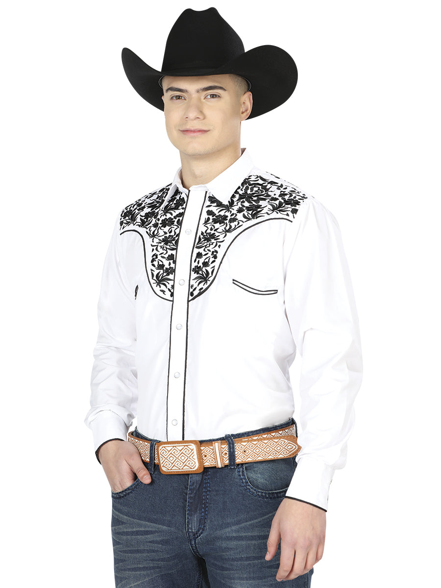 Camisa Vaquera Bordada Manga Larga Blanco para Hombre 'El Señor de los Cielos' - ID: 43300 Camisas Bordadas El Señor de los Cielos White