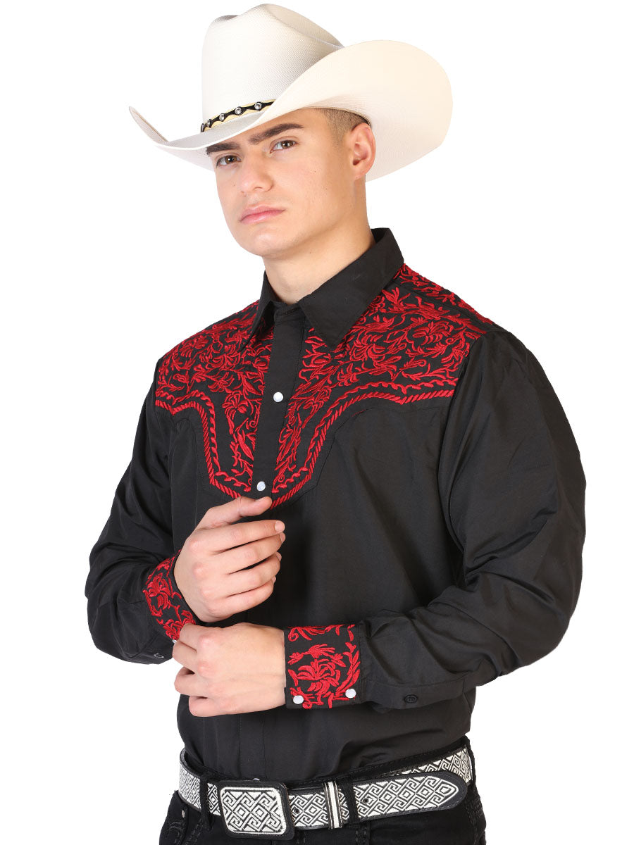 Camisa Vaquera Bordada Manga Larga Negro para Hombre 'El Señor de los Cielos' - ID: 43301 Western Shirt El Señor de los Cielos Black
