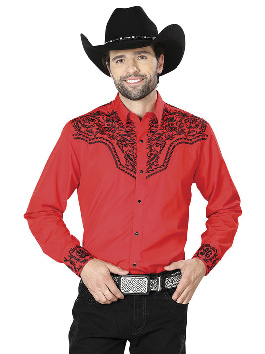 Camisa Vaquera Bordada Manga Larga Rojo para Hombre 'El Señor de los Cielos' - ID: 43302 Camisas Bordadas El Señor de los Cielos Red