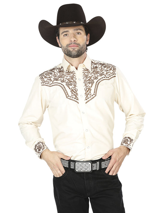 Camisa Vaquera Bordada Manga Larga Beige para Hombre 'El Señor de los Cielos' - ID: 43303 Camisas Bordadas El Señor de los Cielos Beige