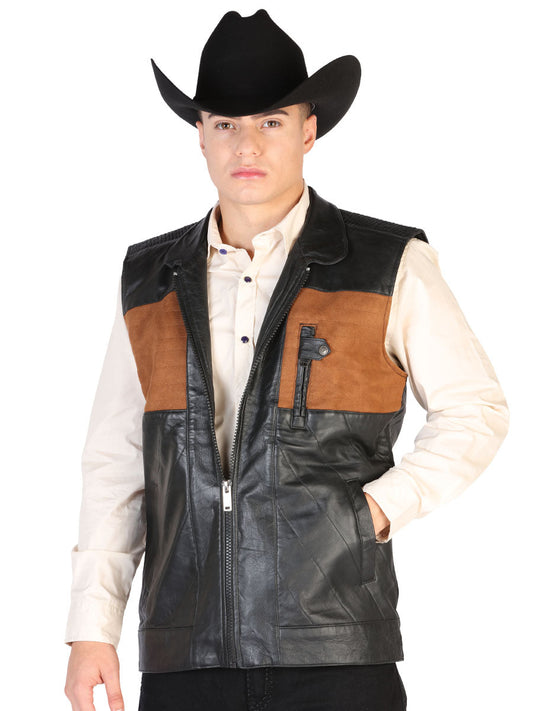 Chaleco Vaquero de Piel Calidad Suprema AAA Negro/Tan para Hombre 'El General' - ID: 43311 Chalecos Vaqueros El General Negro/Tan