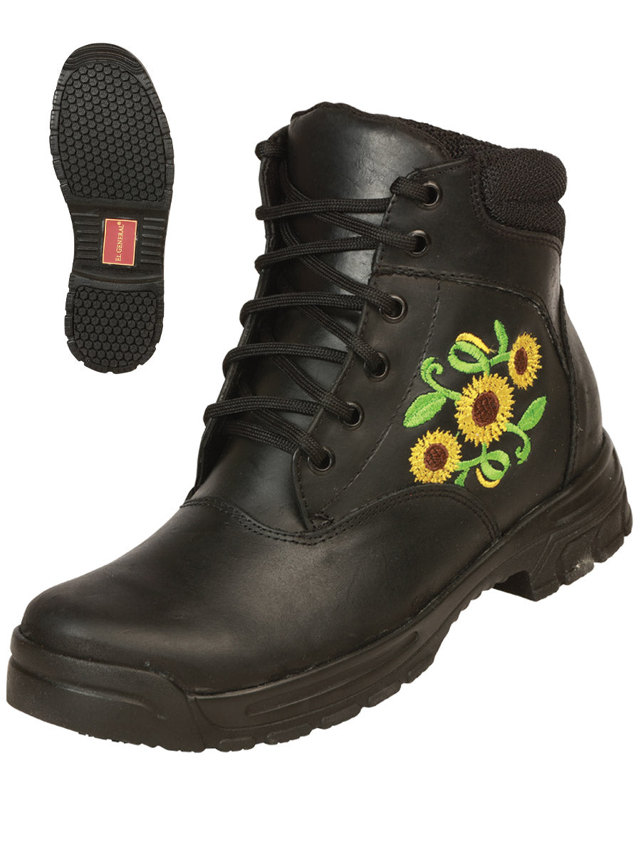 Botines Casuales con Agujetas Bordado de Girasoles de Piel Genuina para Mujer/Joven 'El General' - ID: 43346 Botines de Agujetas El General Negro