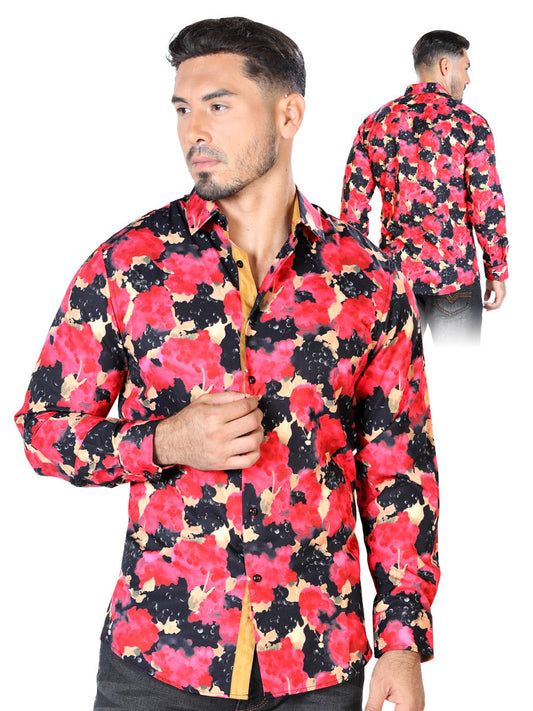 Camisa Vaquera Manga Larga Estampada Floral Rojo/Negro para Hombre 'El Señor de los Cielos' - ID: 43446 Camisas Florales El Señor de los Cielos Red/Black