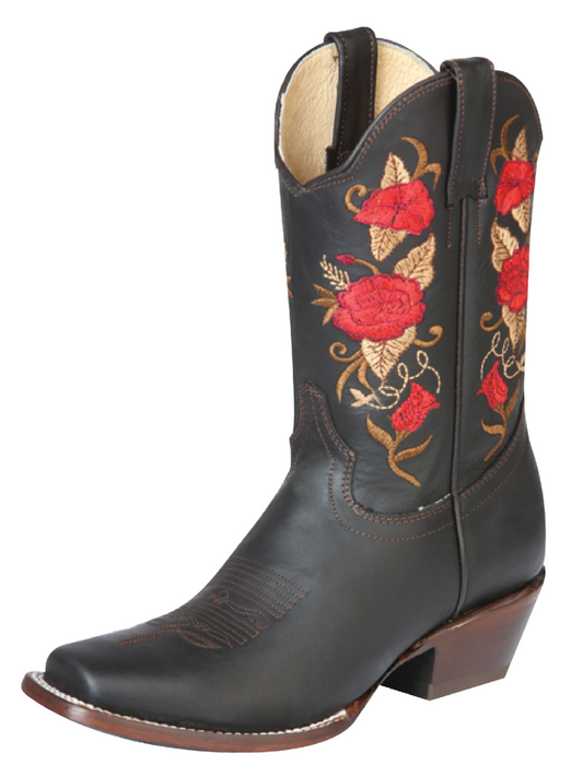 Botas Vaqueras Rodeo con Tubo Bordado de Flores de Piel Genuina para Mujer 'El General' - ID: 43663 Botas Rodeo Piel Genuina El General Choco