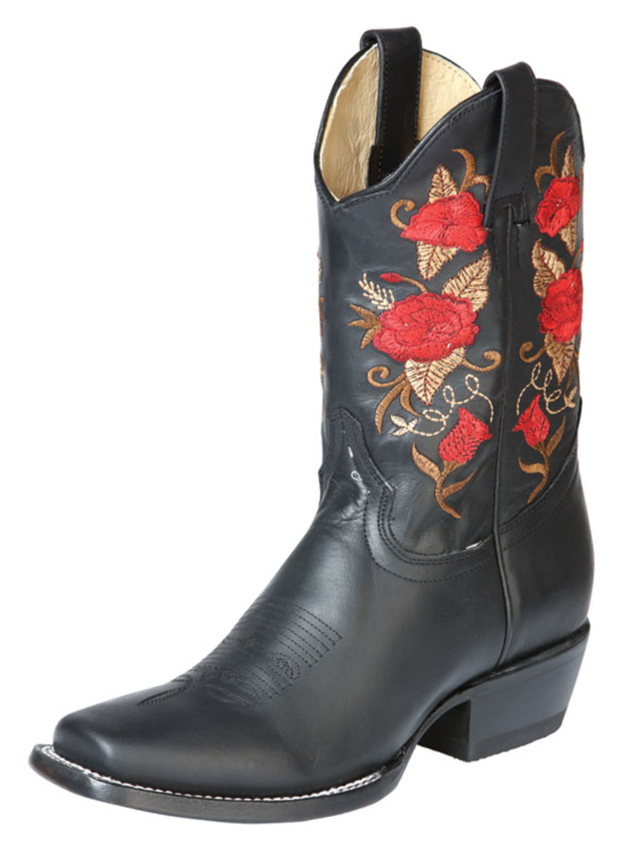 Botas Vaqueras Rodeo con Tubo Bordado de Flores de Piel Genuina para Mujer 'El General' - ID: 43664 Botas Rodeo Piel Genuina El General Negro