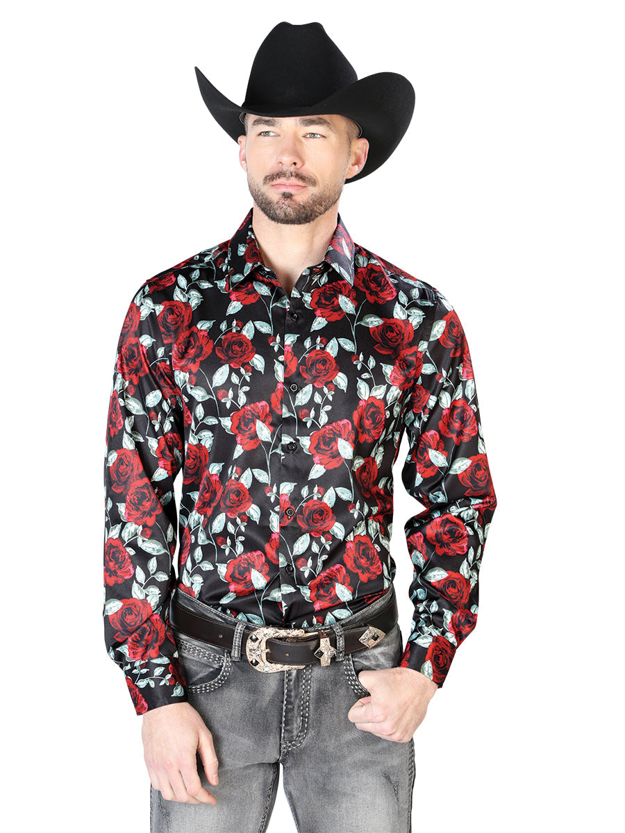 Camisa Vaquera Manga Larga Estampada Floral Negro/Rosas para Hombre 'El Señor de los Cielos' - ID: 43667 Camisas Florales El Señor de los Cielos 