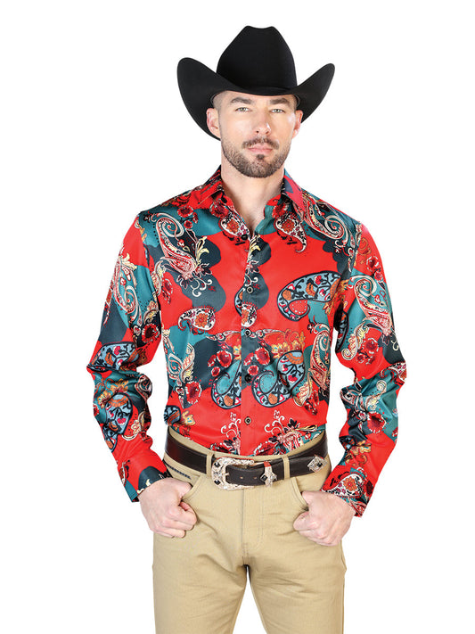 Camisa Vaquera Manga Larga Estampada Rojo para Hombre 'El Señor de los Cielos' - ID: 43668 Camisas Estampadas El Señor de los Cielos Red