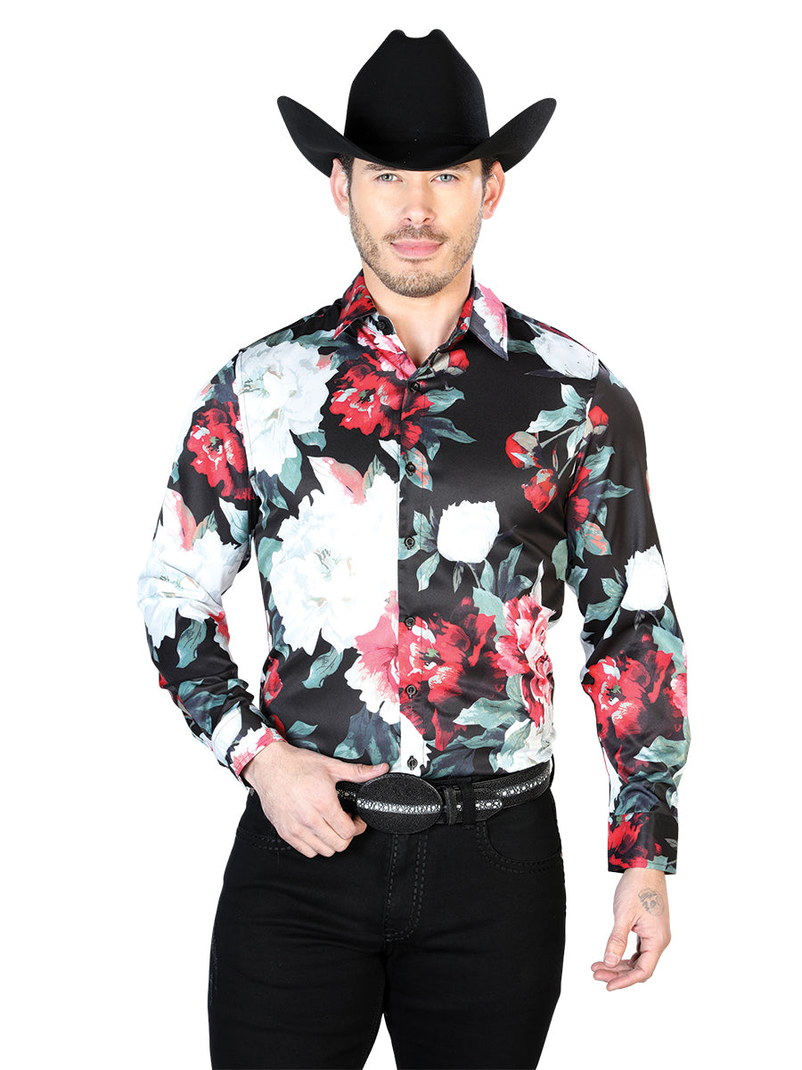 Camisa Vaquera Manga Larga Estampada Floral Negro/Rosas para Hombre 'El Señor de los Cielos' - ID: 43670 Camisas Florales El Señor de los Cielos 