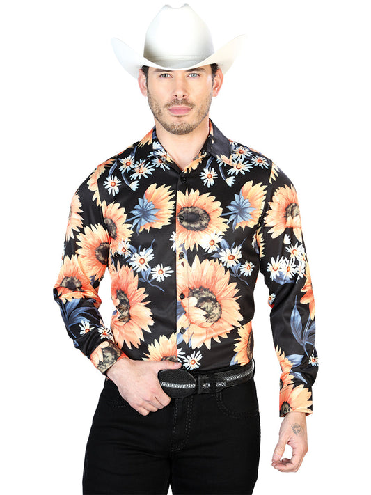 Camisa Vaquera Manga Larga Estampada Floral Negro/Girasoles para Hombre 'El Señor de los Cielos' - ID: 43671 Western Shirt El Señor de los Cielos 