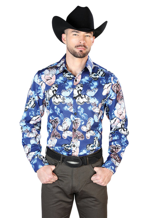 Camisa Vaquera Manga Larga Estampada Mariposas Azul para Hombre 'El Señor de los Cielos' - ID: 43674 Camisas Estampadas El Señor de los Cielos 