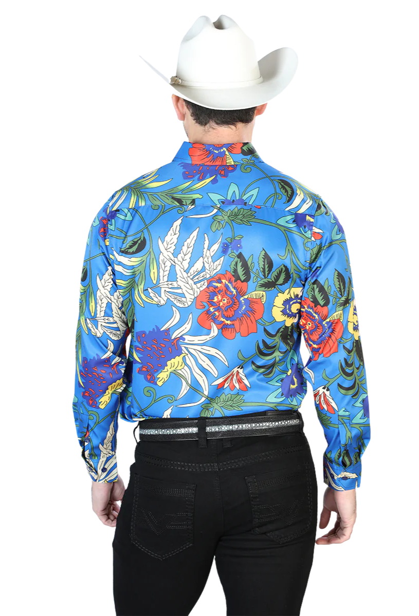 Camisa Vaquera Manga Larga Estampada Floral Azul Rey para Hombre 'El Señor de los Cielos' - ID: 43677 Camisas Florales El Señor de los Cielos 