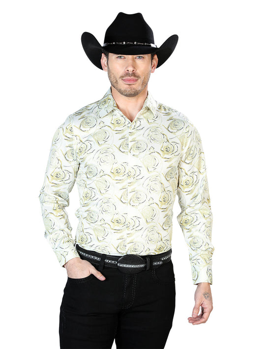 Camisa Vaquera Manga Larga Estampada Floral Marfil para Hombre 'El Señor de los Cielos' - ID: 43678 Western Shirt El Señor de los Cielos 