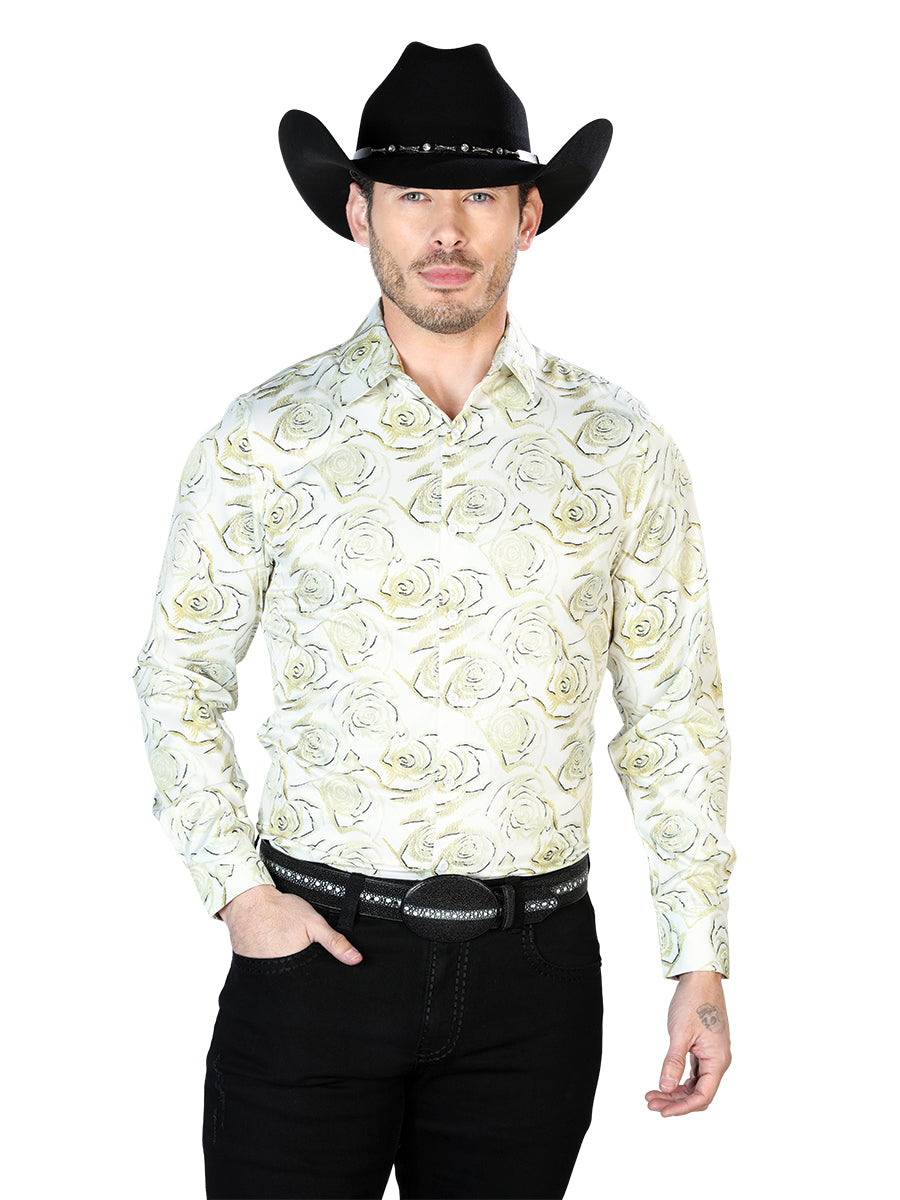 Camisa Vaquera Manga Larga Estampada Floral Marfil para Hombre 'El Señor de los Cielos' - ID: 43678 Camisas Florales El Señor de los Cielos 