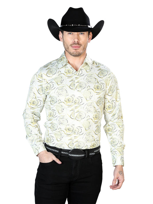 Camisa Vaquera Manga Larga Estampada Floral Marfil para Hombre 'El Señor de los Cielos' - ID: 43678 Camisas Florales El Señor de los Cielos 