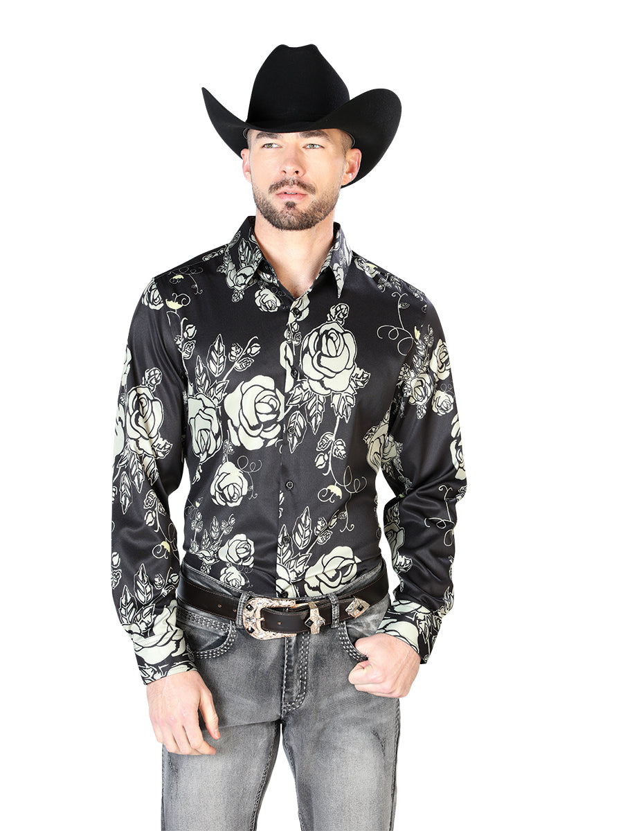 Camisa Vaquera Manga Larga Estampada Floral Negro para Hombre 'El Señor de los Cielos' - ID: 43679 Camisas Florales El Señor de los Cielos 