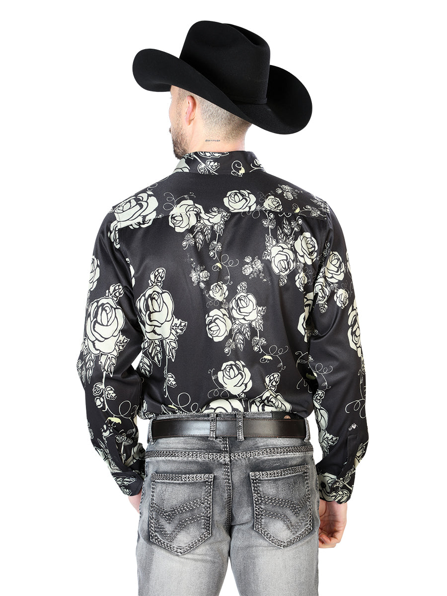 Camisa Vaquera Manga Larga Estampada Floral Negro para Hombre 'El Señor de los Cielos' - ID: 43679 Camisas Florales El Señor de los Cielos 