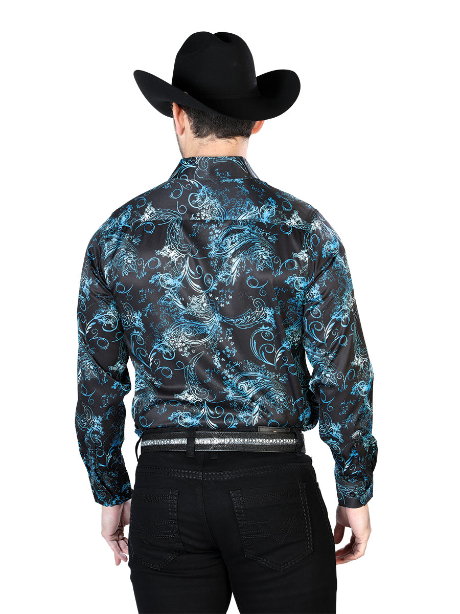 Camisa Vaquera Manga Larga Estampada Cachemir Negro/Agua para Hombre 'El Señor de los Cielos' - ID: 43680 Camisas Estampadas El Señor de los Cielos 