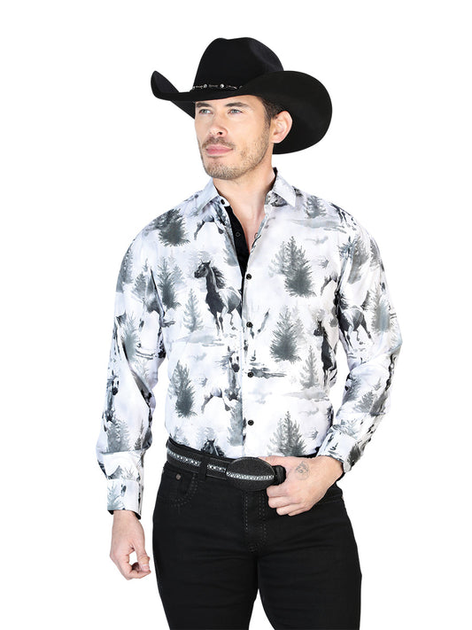 Camisa Vaquera Manga Larga Estampada Caballos Gris/Negro para Hombre 'El Señor de los Cielos' - ID: 43688 Western Shirt El Señor de los Cielos Gray/Black