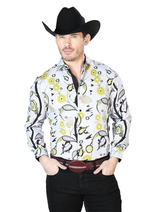 Camisa Vaquera Manga Larga Estampada Floral Gris/Amarillo para Hombre 'El Señor de los Cielos' - ID: 43697 Camisas Florales El Señor de los Cielos Gray/Yellow