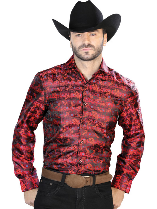 Camisa Vaquera Manga Larga Jacquard Estampada Cachemir Rojo/Azul para Hombre 'Centenario' - ID: 43702 Camisas Estampadas Centenario Red/Blue