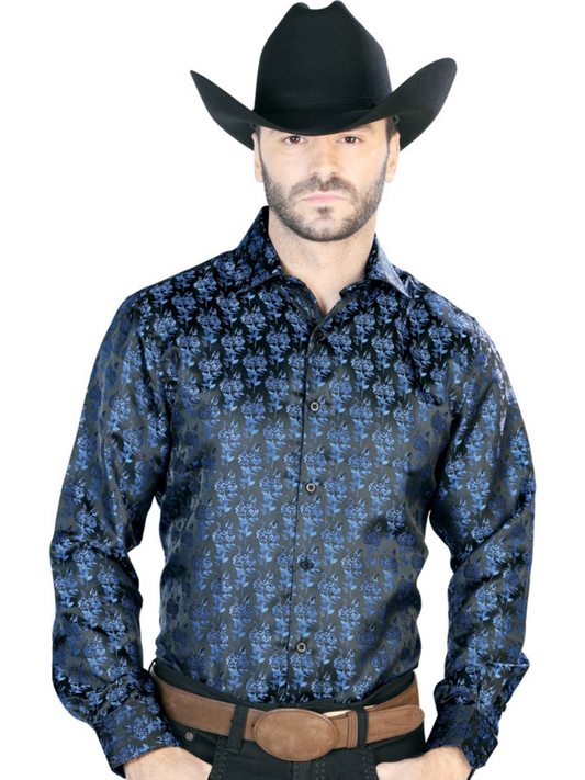 Camisa Vaquera Manga Larga Jacquard Estampada Floral Negro/Azul para Hombre 'Centenario' - ID: 43707 Camisas Florales Centenario Black/Blue