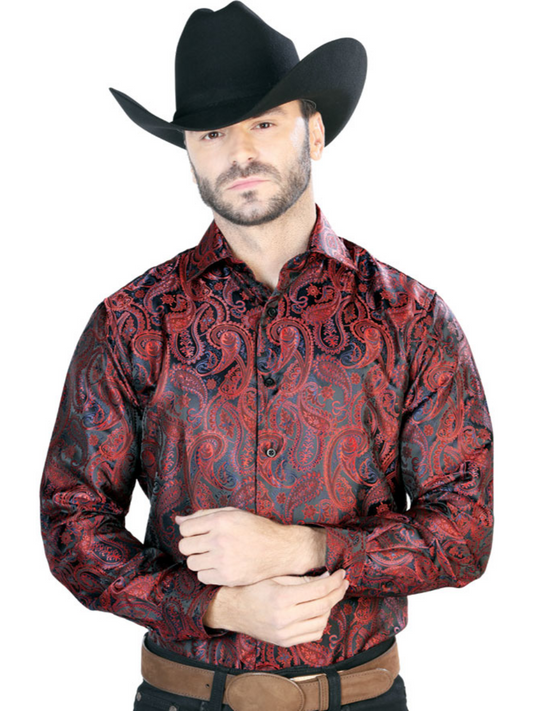 Camisa Vaquera Manga Larga Jacquard Estampada Cachemir Rojo/Negro para Hombre 'Centenario' - ID: 43708 Camisas Estampadas Centenario Red/Black