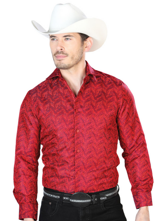 Camisa Vaquera Manga Larga Jacquard Estampada Cachemir Rojo para Hombre 'Centenario' - ID: 43709 Camisas Estampadas Centenario Red