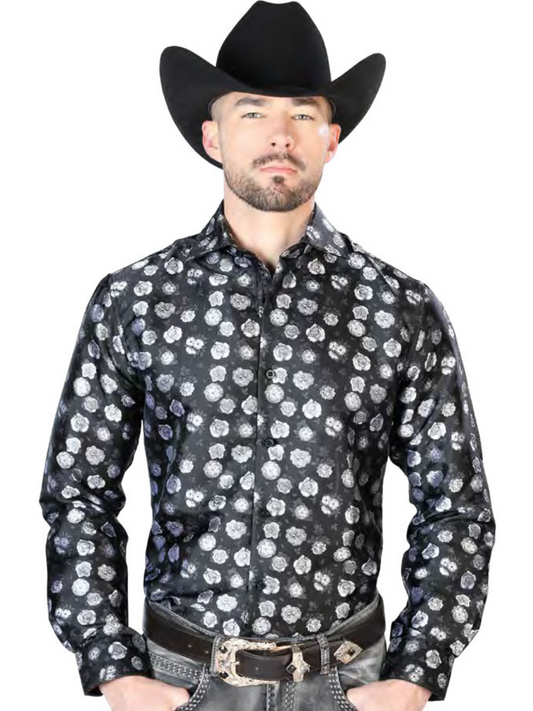 Camisa Vaquera Manga Larga Jacquard Estampada Floral Negro para Hombre 'Centenario' - ID: 43710 Western Shirt Centenario Black