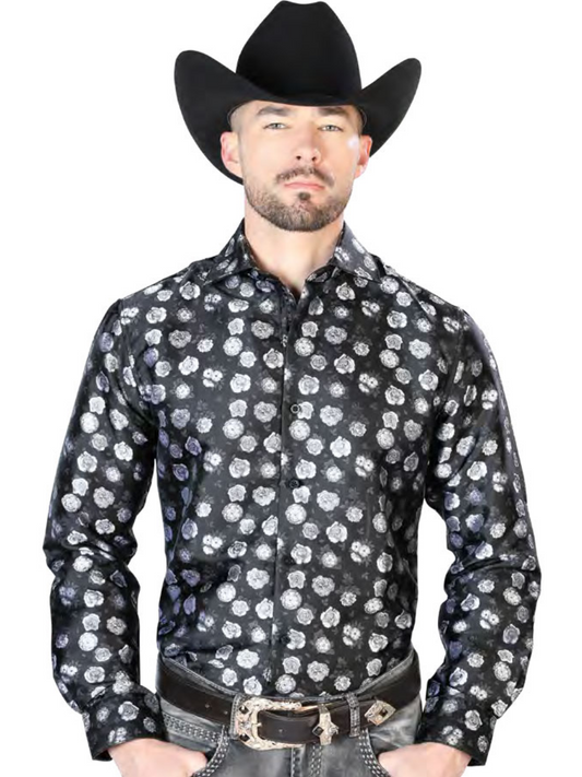 Camisa Vaquera Manga Larga Jacquard Estampada Floral Negro para Hombre 'Centenario' - ID: 43710 Camisas Florales Centenario Black