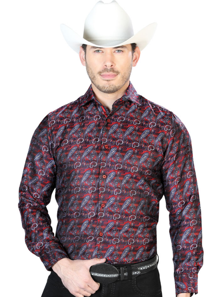 Camisa Vaquera Manga Larga Jacquard Estampada Cachemir Rojo/Azul para Hombre 'Centenario' - ID: 43711 Camisas Estampadas Centenario Red/Blue