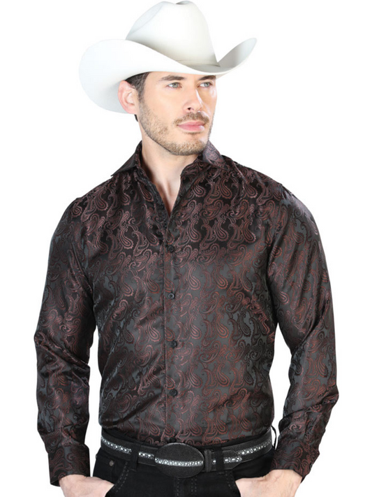 Camisa Vaquera Manga Larga Jacquard Estampada Cachemir Cafe para Hombre 'Centenario' - ID: 43712 Camisas Estampadas Centenario Brown