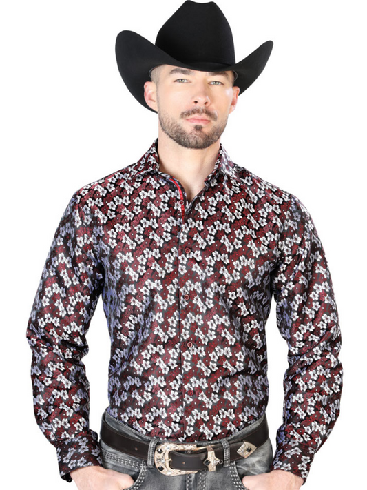 Camisa Vaquera Manga Larga Jacquard Estampada Floral Mamey para Hombre 'Centenario' - ID: 43713 Camisas Florales Centenario Mamey